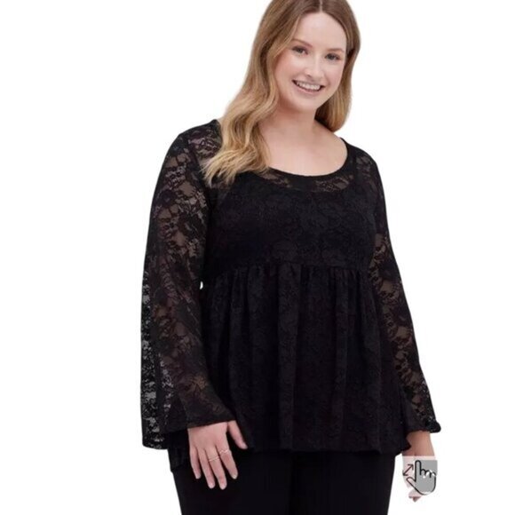 torrid Tops - Torrid Babydoll Black Lace Long Sleeve Stretch‎ Top Womens Size 2